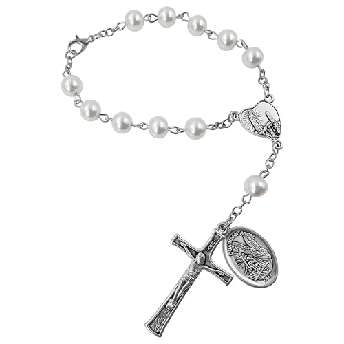 TALISMAN4U St. Michael Guardian Angel Medal Rosary for Car Rearview Mirror - color: White Rosary Beads
