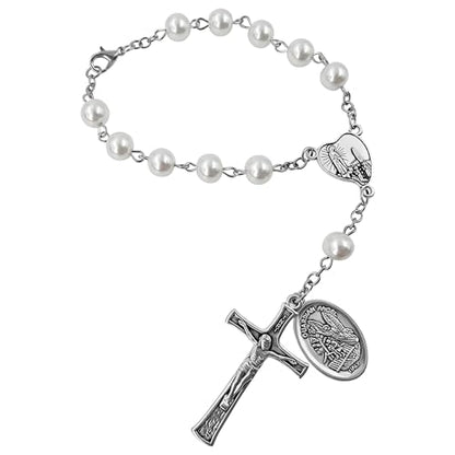 TALISMAN4U St. Michael Guardian Angel Medal Rosary for Car Rearview Mirror - color: White Rosary Beads