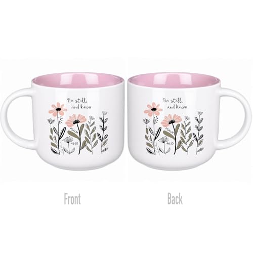 13.5 oz Round Ceramic Mug with Pink Interior, Be Still and Know Psalm 46:10 Text, Double-Sided Print, Microwave Safe, Christian Coffee Cup for Women