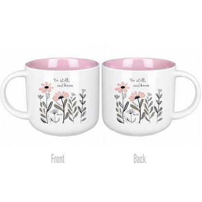 13.5 oz Round Ceramic Mug with Pink Interior, Be Still and Know Psalm 46:10 Text, Double-Sided Print, Microwave Safe, Christian Coffee Cup for Women