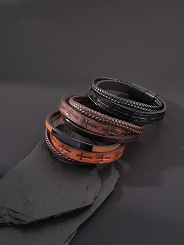 Mens Leather Cross Bracelet Multilayer Braided Wristband Bangle Bracelets with Stainless Steel Buckle Religious Gift for Men Brown/Black/Blue–8.3 inch - color: Black-2, size: 8.3in(Fits most wrists)
