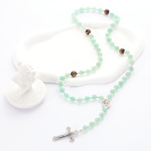 Rosary for Men Women, Natural Stone Beads with St. Benedict Bracelet - color: Green