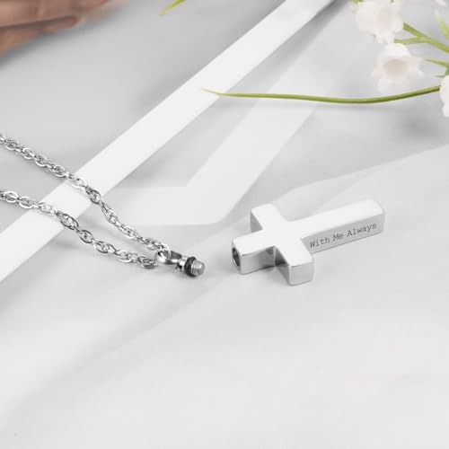 Cremation Cross Necklace for Ashes Stainless Steel Cross Urn Pendant Ashes Holder Memorial Jewelry-With Me Always - style: With Me Always-Silver-Gift Box