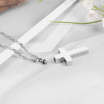 Cremation Cross Necklace for Ashes Stainless Steel Cross Urn Pendant Ashes Holder Memorial Jewelry-With Me Always - style: With Me Always-Silver-Gift Box