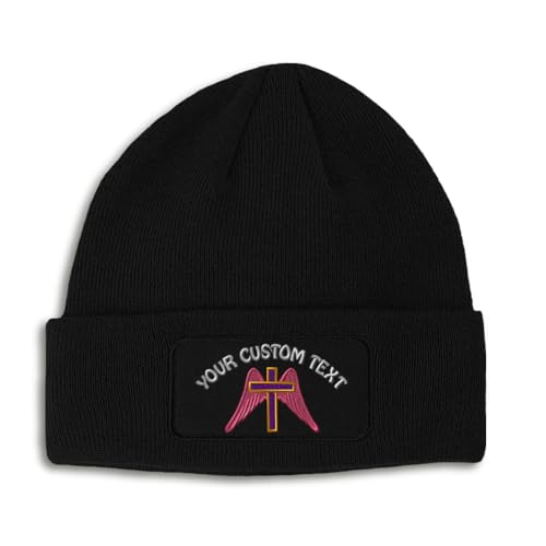 Patch Beanie Wings and Cross Jesus Christ Christian Skull Cap Hats for Men & Women Winter One Size - color: Black Personalized Text Here