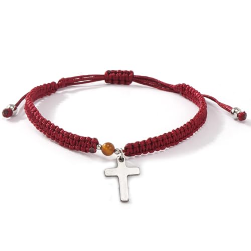 Christian Gifts for Women Men,Adjustable Religious Cross Brided String Faith Bracelet,Minimalism Catholic Baptism Accessories Jewelry Gifts Friendship - color: Red