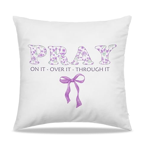 Dibor Purple Christian Throw Pillow Covers 18x18 in, Preppy Purple Bow Pray On Over Through It Bible Verse Decorative Couch Cushion Covers, Christian Gifts for Women, Pillow Case for Girls Room - color: Pray