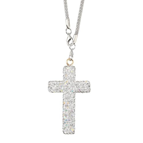 JSCARLIFE Crystal Cross Rearview Mirror Charm – Handmade Clay Rhinestone Car Hanging Ornament – Christian Gift for Women Auto Decor (White) - color: White