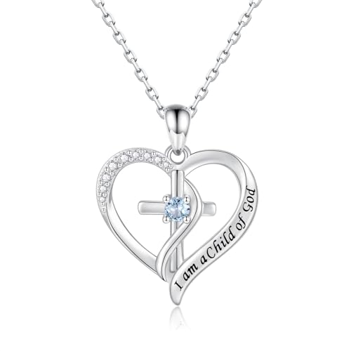 925 Sterling Silver I Am a Child of God Scripture Pendant with Birthstone Heart Cross Communion Necklace for Women Christian Faith Jewelry Gift - color: March