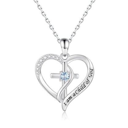 925 Sterling Silver I Am a Child of God Scripture Pendant with Birthstone Heart Cross Communion Necklace for Women Christian Faith Jewelry Gift - color: March