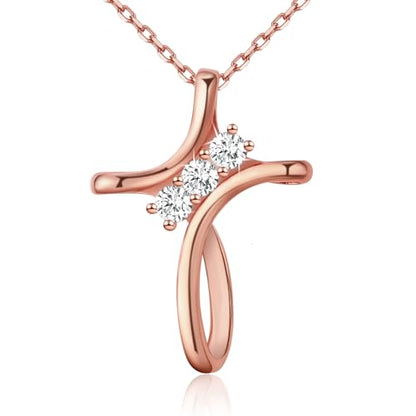 Cross Necklace for Women, 925 Sterling Silver 18K Gold Plated Diamond Necklace for Women, Cross Pendant with 3 Stone 5A Cubic Zirconia, Birthday Christmas Jewelry Gifts for Women Her, 20 Inches - color: Rose gold