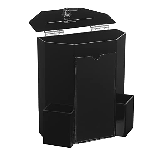 MCB Donation Collection Office Suggestion Acrylic Ballot Box 9 x 8 inch with Display area of 8 x 3.75 inch comes with 2 business card size pockets and lock with set of keys (Black) - color: Black
