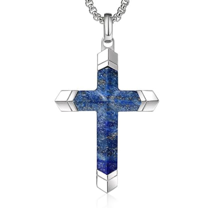 Lapis Lazuli/Amethyst Cross Necklace for Men Waterproof and Sweat-Resistant Suitable for both men and women With Adjustable Box Chain Christian Jewelry Father Day Gifts for Men - color: Blue&Silver