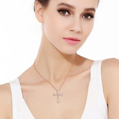 EVER FAITH S925 Silver Princess Cut CZ Infinity Twisted Cross Necklace - color: Rose Gold