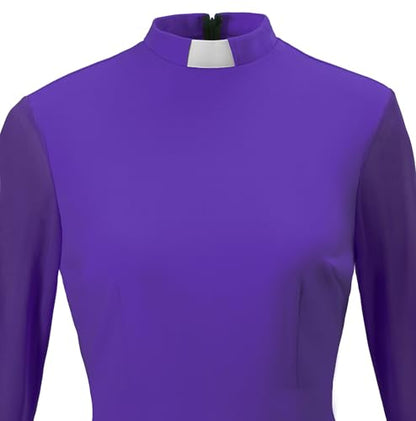 Trumpet Long Sleeve Mesh Church Dress Clergy Tab Insert Collar Priestess Dress - color: Purple, size: 3X-Large