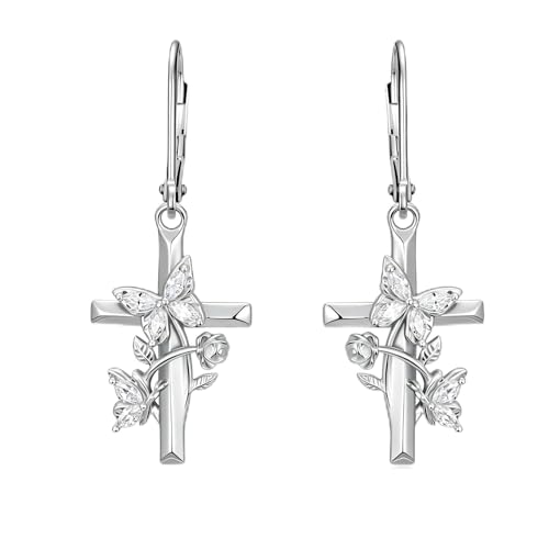 Butterfly Earrings for Women 925 Sterling Silver Birthstone Butterfly Cross Rose Dangle Earrings Elegant Butterfly's Jewelry Gift for Birthday Valentines Day Christmas - color: 4-April