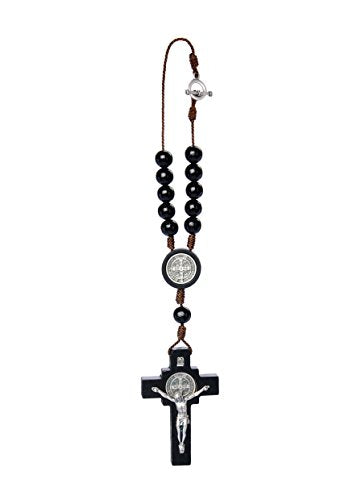 Car Rearview Mirror Rosary Decade Crucifix Ornament - Made in Brazil (St Benedict - Black) - style: St Benedict - Black