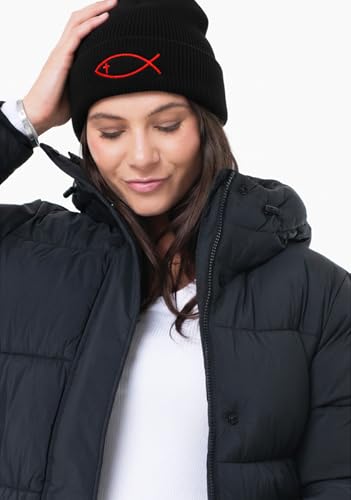 Christian Jesus Fish Beanie Hat for Men Women, Cuffed Beanie Jesus Hats, Religious Gifts for Christmas, New Years - color: Black, style: Cross Fish