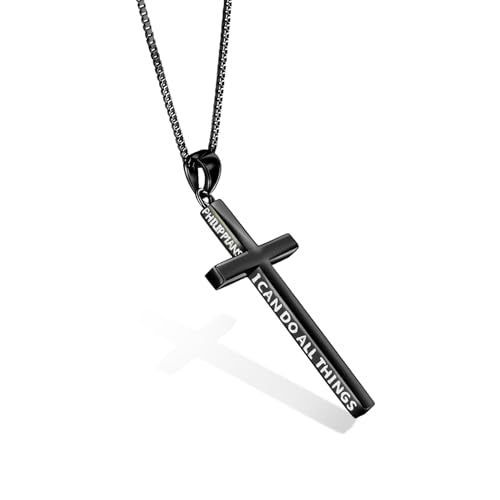 POPLYKE Cross Necklace 925 Sterling Silver Philippians 4:13 I Can Do All The Things Inspirational Necklace Gifts for Women Men 20+2'' - color: Black