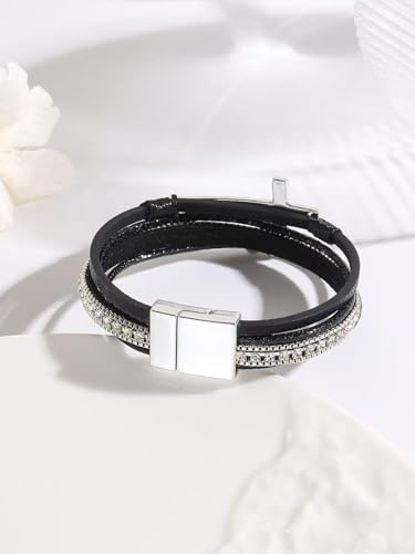 LINGYUAN Cross Bracelet for Women, Leather Religious Christian Jewelry - color: Black