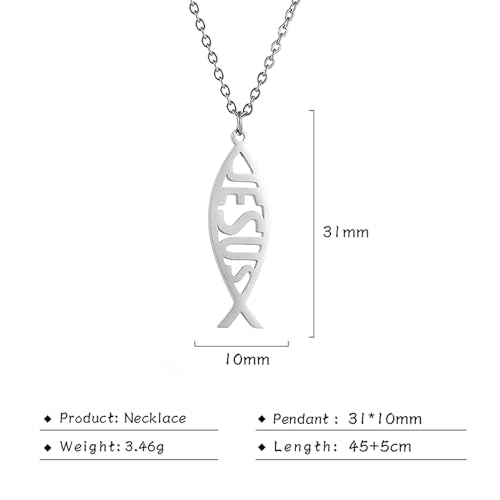 VASSAGO Jesus Fish Ichthys Faith Symbol Hook Necklace Hollow Out Design Stainless Steel Drop Dangle Earrings for Women (Set-Silver)