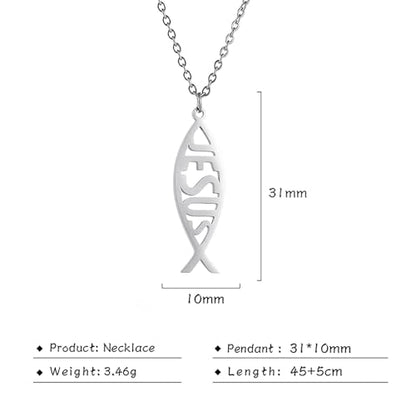 VASSAGO Jesus Fish Ichthys Faith Symbol Hook Necklace Hollow Out Design Stainless Steel Drop Dangle Earrings for Women (Set-Silver)