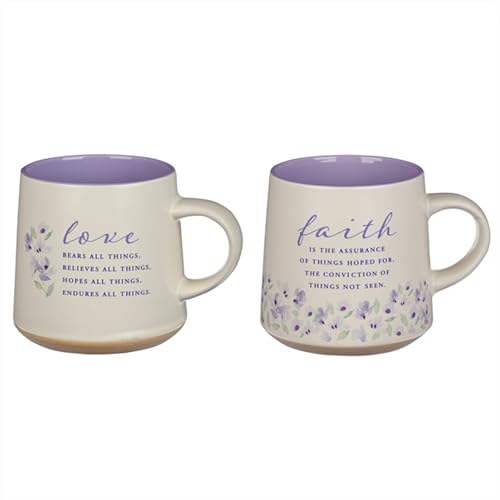 Christian Art Gifts Novelty Floral Ceramic Coffee & Tea Mug Set for Women: Faith & Love w/Encouraging Scripture, Microwave/Dishwasher Safe w/Clay Base - Set of 2 Large 14 oz. Cups, Lilac Purple/White