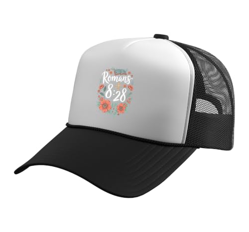 Romans 8:28 Bible Verse Flowers Cross Christian Women Trucker Hat with Adjustable Mesh Back - color: Black/White