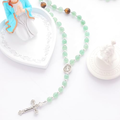 Rosary for Men Women, Natural Stone Beads with St. Benedict Bracelet - color: Green