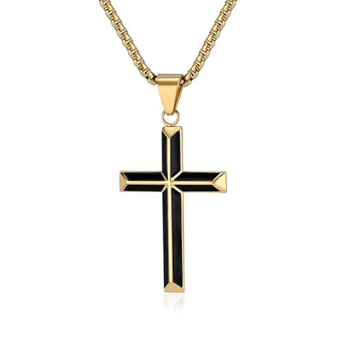 Cross Necklace for Men,Stainless Steel Christian Pendant Jewelry - color: A-Gold-60cm chain