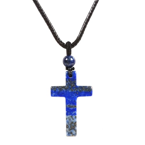 Justinstones Natural Gemstone Carved Cross Reiki Chakra Pendant Necklace 22 Inch - color: 30mm Lapis