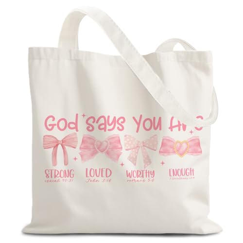 God Says You are Christian Canvas Tote Bags for Women, Inspirational Christian Gifts for Women - color: Pink Bow God Says