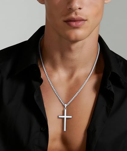 925 Sterling Silver Cross Necklace for Men, 14k Gold Plated Sterling Silver Cross Necklace with 3mm 316L Stainless Steel Wheat Chain Necklaces for Men Women 16-26 Inch - color: Silver, size: 20 Inch