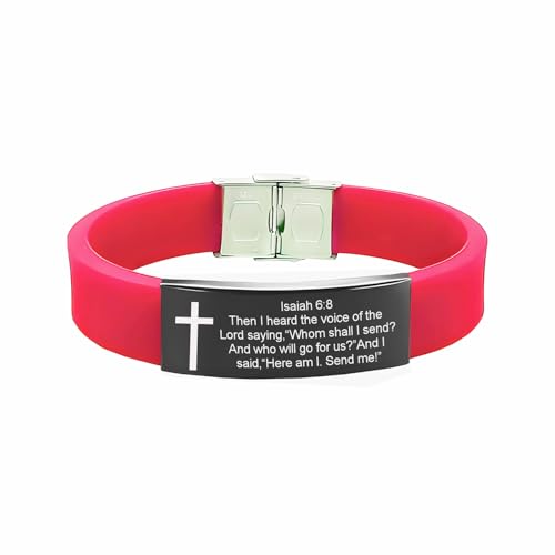 Bible Verse Isaiah 6:8 Bracelets - 2Pcs Inspirational Isaiah 6 8 Cuff Bracelet with Cross Symbol Christian Jewelry Silicone Wristband with Bible Quote For Men Women - color: Blue+Red