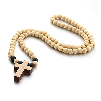 FORUBUS Wooden Cross Pendant Necklace - Wood Beads Cross Religion Necklace for Women Men Believer Prayer Baptism Jewelry - color: B light