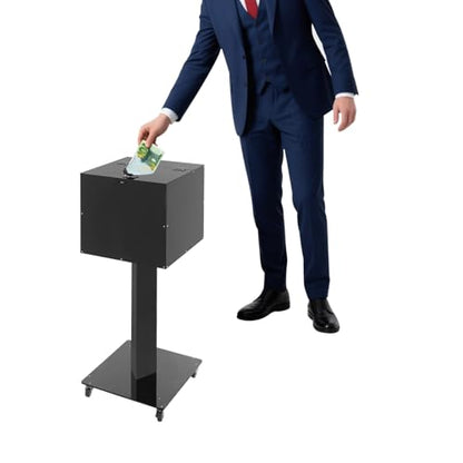 Suggestion Box with Lock and Key Donation Box with Stand and Wheel Acrylic Ballot Box Standing Offering Box for Church, Office, Voting (Black, Round Hole) - color: Black, size: Round Hole
