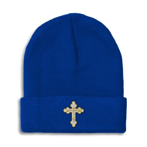 Custom Beanies for Men Gold Outline Orthodox Cross Faith Jesus God Skull Cap Winter Hats Women One Size - color: Royal Blue Design Only