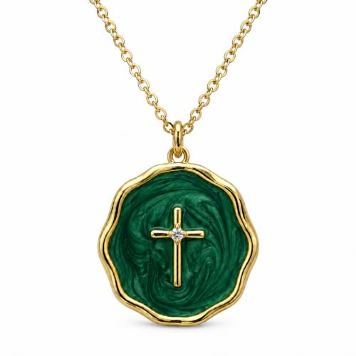 Enamel Cross Necklace for Women 18K Gold Plated Christian Pendant - color: Dark Green
