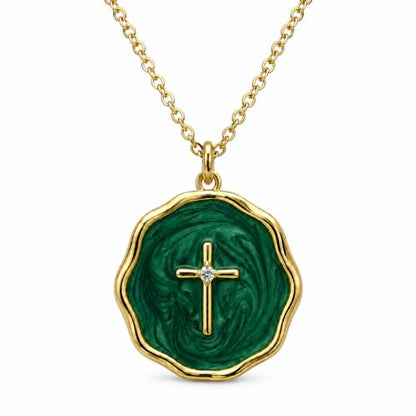 Enamel Cross Necklace for Women 18K Gold Plated Christian Pendant - color: Dark Green