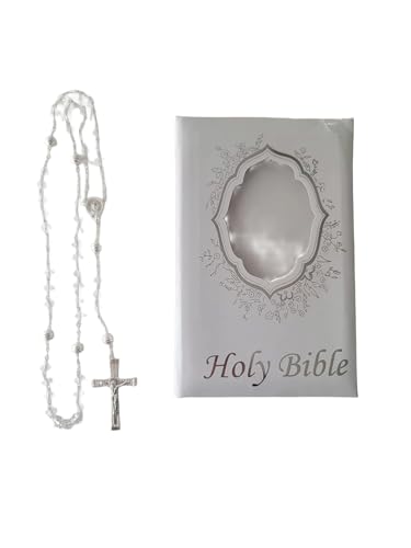 White and Silver Bible for First Communion/Sweet 16/ Confirmation with a Crystal Rosary