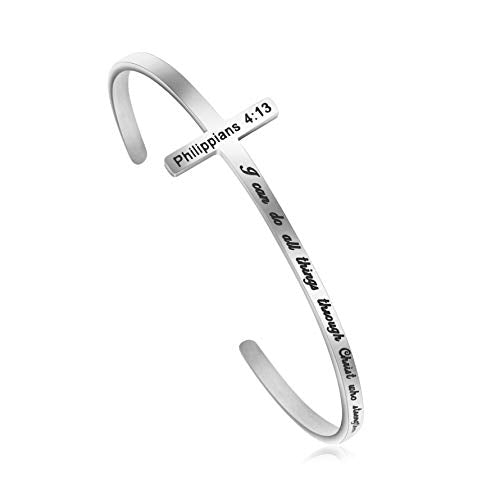 Memgift 𝐂𝐫𝐨𝐬𝐬 𝐁𝐫𝐚𝐜𝐞𝐥𝐞𝐭 Religious Cuff Bangle 𝐁𝐢𝐛𝐥𝐞 𝐕𝐞𝐫𝐬𝐞 Christian Gifts Jewelry for 𝐖𝐨𝐦𝐞𝐧 - style: Silver cuff-I can do all things through Christ who strengthens me -Philippians 4:13