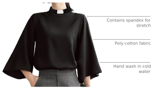 Women's Clergy Shirt Tab Collar Swing Long Sleeve Regular Blouse - color: Black, size: 5X-Large