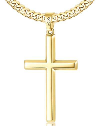 925 Sterling Silver Cross Necklace for Men, 18k Gold Plated Sterling Silver Cross Necklace with 5mm Durable Stainless Steel Cuban Link Chain for Men, 18 20 22 24 26 Inch - color: Gold Cross Pendant