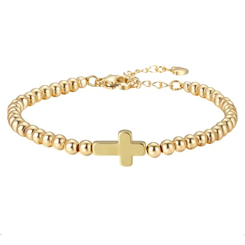 GINAZAL Gold Bead Bracelet for Women, Hypoallergenic Fade-Resistant | Brass | 14K Gold |Cubic Zirconia - color: Cross