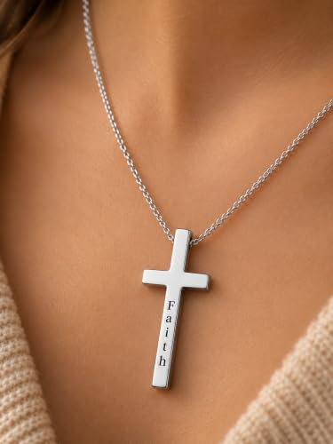 Engraved Cross Necklace for Men, Women & Boys & Girls Cross Necklace, Stainless Steel Cross Pendant Necklace, Faith & Inspiration Christian Jewelry Gift - color: Faith