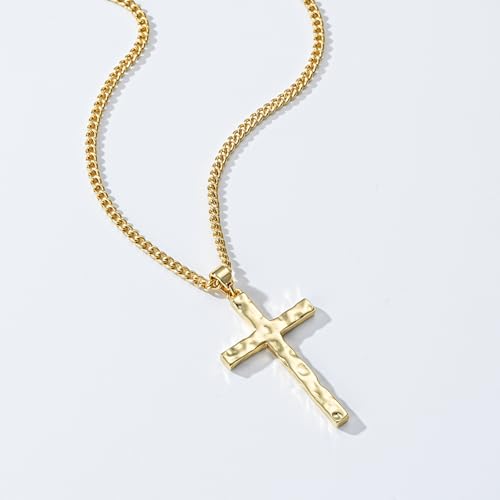 Cross Necklace for Men Boys - Hammered Cross Pendant with Cuban Chain Unique Crucifix Necklaces Christmas Christian Religious Jewelry Gifts 22+2 Inches - color: Gold