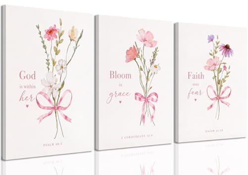 Baby Girl Nursery Wall Art Set of 3 Pink Bow Floral Canvas Prints, Christian Bible Verse Nursery Decor, Cute Flower Posters Pictures with Scripture for Girls Room Bedroom Framed 12x16 Inch - color: Scripture Flower, size: 16L"x12W"