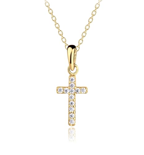 Precious Pieces CZ Cross Necklace, .925 Sterling Silver or 14K Gold-Plated - color: Gold White-16-18