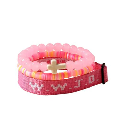 WWJD What Would Jesus Do Christian Stackable Bracelet Set for Women Men, Inspirational Faith Cross Beaded Elastic Wristbands, Religious Bible Verse Jewelry Gift for Church - color: Pink 3pcs