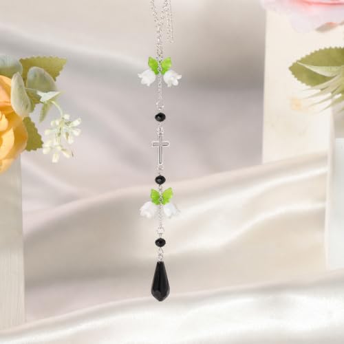 Black Flower Cross Car Rearview Mirror Charm Lily of Valley - color: Black - Flower